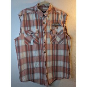 Harley Davidson Mens XL Orange Plaid Sleeveless F-Head Engine Biker Shirt 0356
